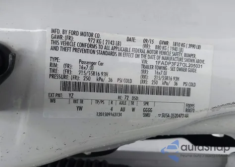 2016 Ford Focus Se из США, поврежденный, VIN 1FADP3F27GL205031